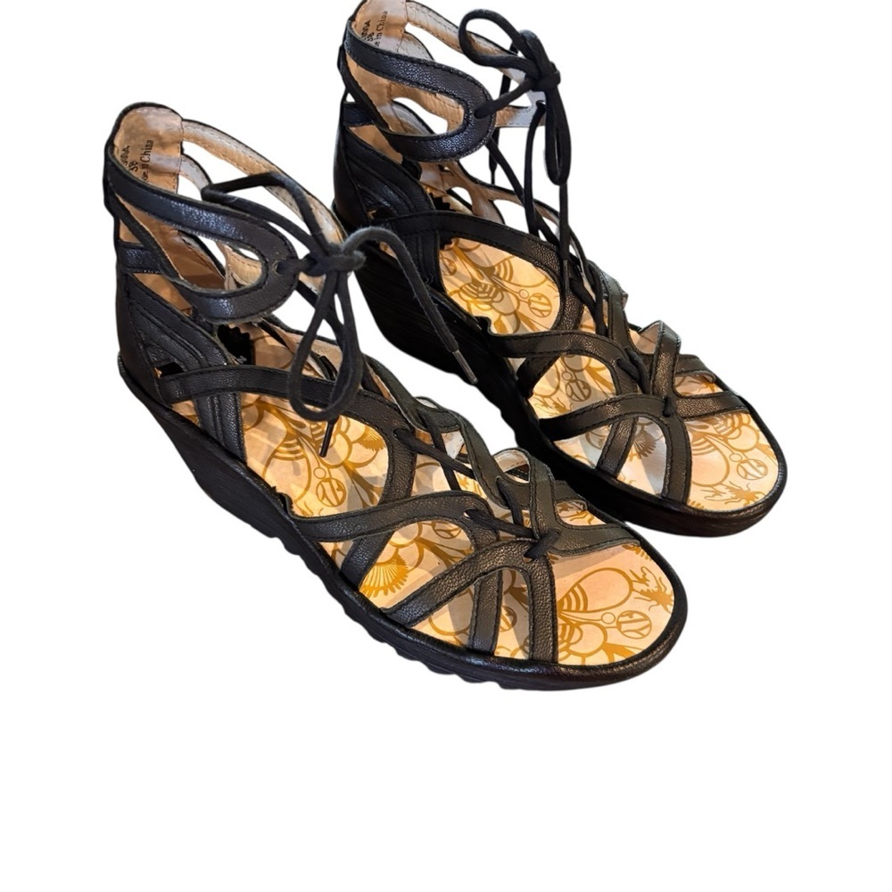 Fly London Yuke Strappy Wedge Sandal in Black, 38 7.5-8,Gladiator Strappy Summer